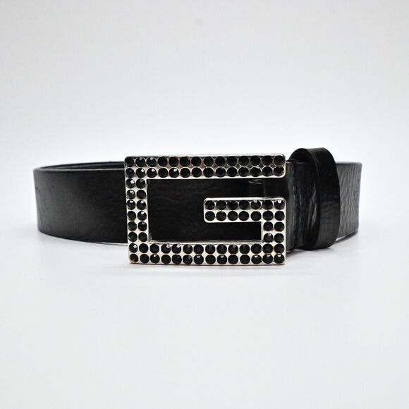 Vintage GUESS Brand‎ Womens Belt Black Genuine Leather Stones Bling G Logo SMALL - Picture 1 of 9